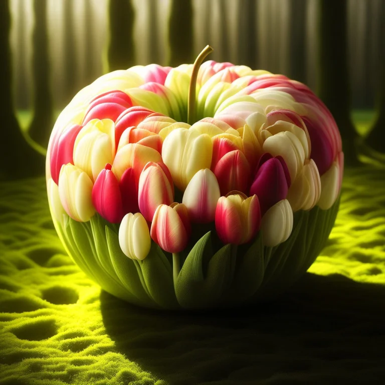 A Perfectly Polished, Shiny Apple Made Of Tulips Rests On Mo...