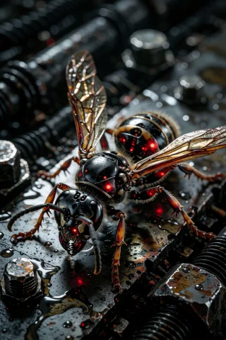 A Tiny Biomechanical War Wasp, Only A Few Centimeters Long,... — Stable Diffusion AI Prompt: A tiny biomechanical war wasp, only a few centimeters long, its organic black ex...