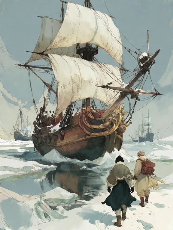 Bradhamel Art Style. A Majestic, Snow-dusted Wooden Sailing...