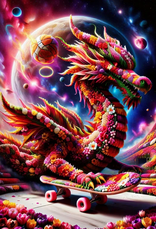 Dragon Made Of Tulips, Vibrant Palette Of Saturated Reds, Vi...