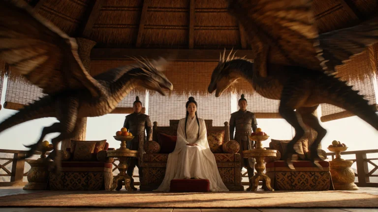 Gmthrnsssn3, Inside A Grand, Thatched-roof Pavilion, A Woman...