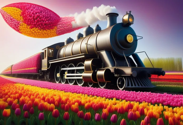 A Steam Locomotive Made Of Tulips Thundering Across A Bridge...