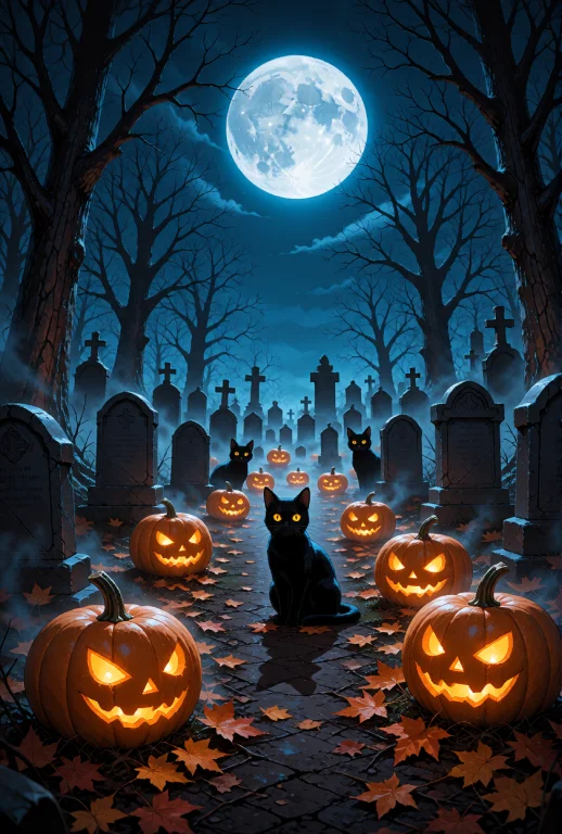 A Spooky Halloween Graveyard Scene Under A Giant, Glowing Fu...