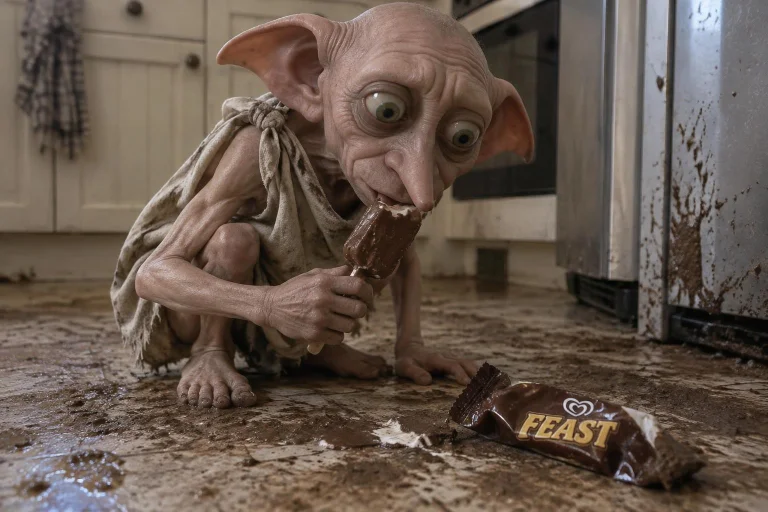 Dobby Is Eating A Chocolate Feast Off The Dirty, Muddy Kitch...