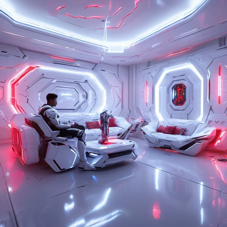 A Teenage Gamer In A Futuristic Iiving Room Sitting On A Hig...