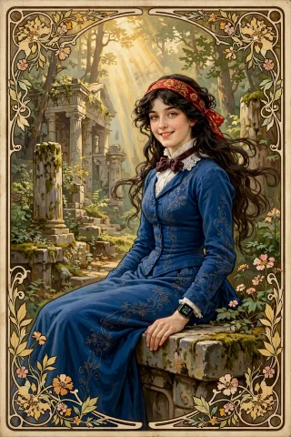 An Oil Painting In Style Of Alphonse Mucha Depicting A Beaut... — Stable Diffusion AI Prompt: An oil painting in style of Alphonse Mucha depicting a beautiful 20 yo sophomore...