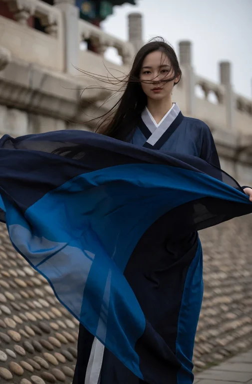 A Young East Asian Woman Stands In A Strong Wind That Dramat...