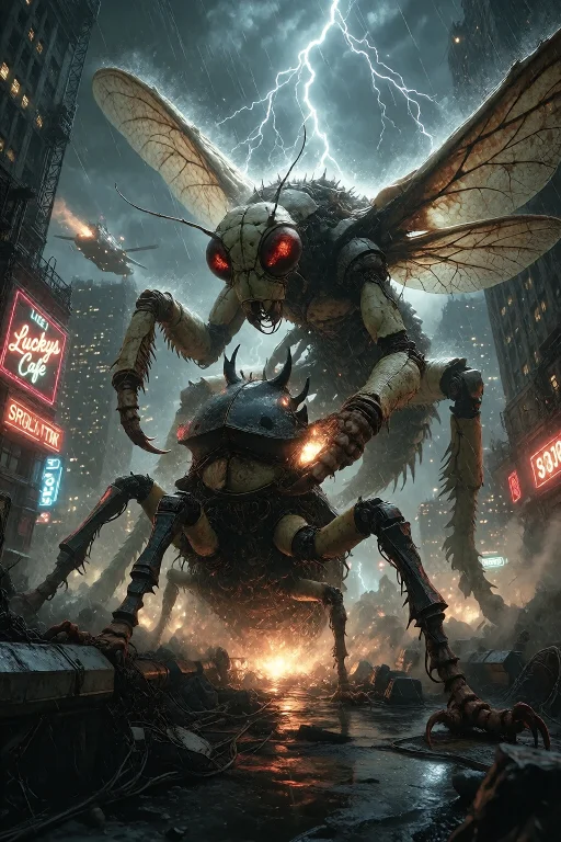 Two Enormous Biomechanical Insects Battling On The Roof Of A...