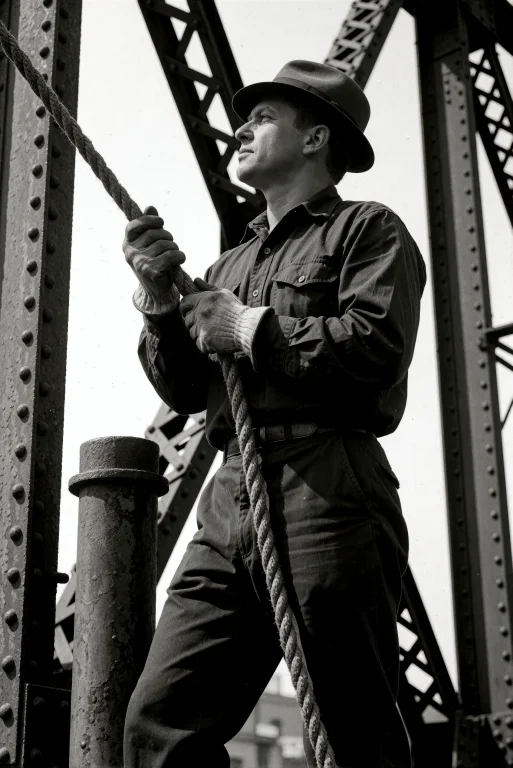 A Man In A Work Uniform Stands In Profile, Looking Upward, G...