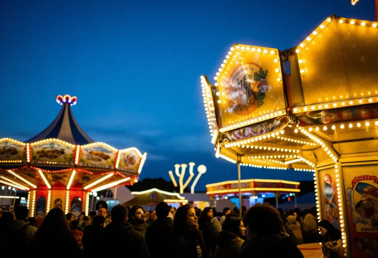 A Carnival Lit Up Against A Deep Blue Dusk, Rim Lighting, Sh...