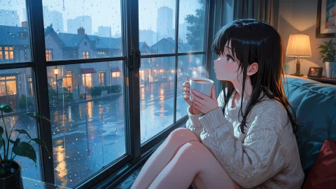 Masterpiece, Best Quality, Highres, 1girl, Solo, Indoor, Liv... — Stable Diffusion AI Prompt: masterpiece, best quality, highres, 1girl, solo, indoor, living room, rainy afte...