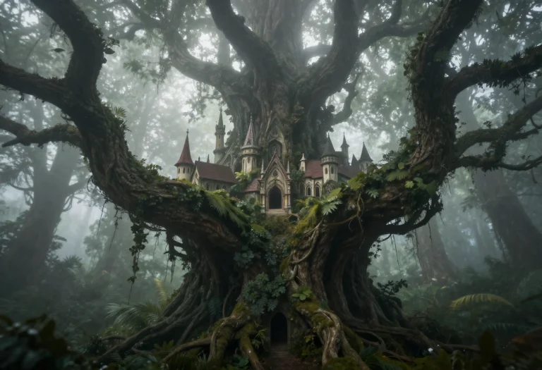 An Elven City Woven Into The Branches Of A Forest, Foggy Dif...