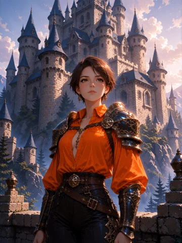 The Image Presents A Striking Figure Of A Female Character W... — Stable Diffusion AI Prompt: The image presents a striking figure of a female character with short hair, drap...