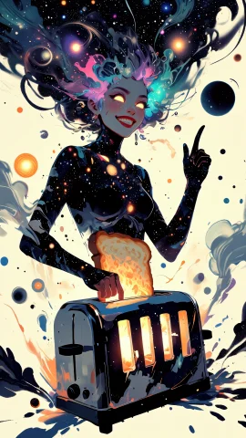 A Wondrously Beautiful Cosmic Goddess Floats Serenely Betwee... — FLUX AI Prompt: A wondrously beautiful cosmic goddess floats serenely between the spiral arms of...