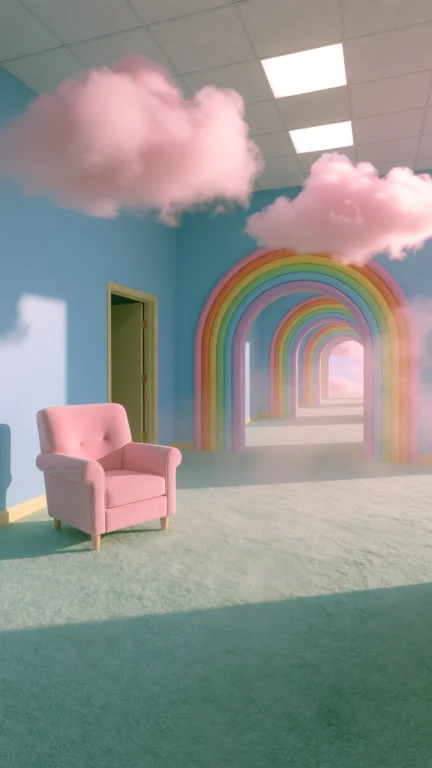 Dcl1m1nal. Wide Eye-level Shot Of A Pastel-toned Interior Ha...