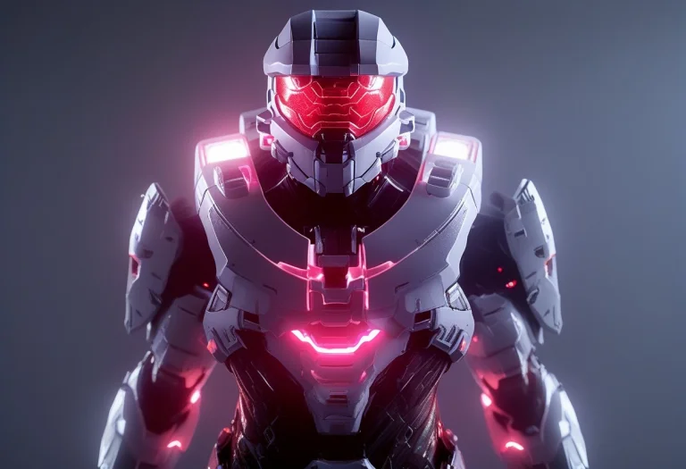 Master Chief Suit Made Of White And Whit Red Glow, Standing...