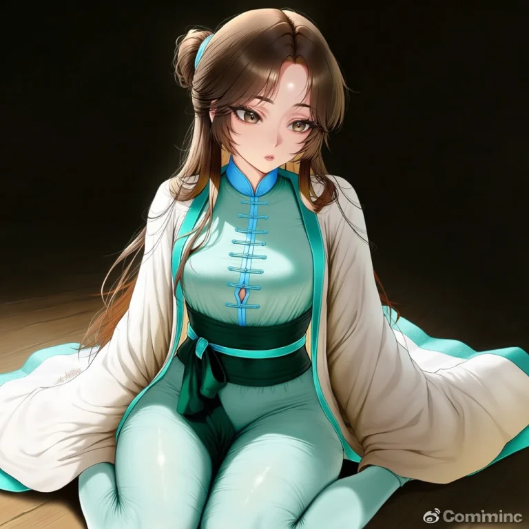 Jiangzhuren, Brown Hair, Half Updo, Light Blue Frogbutton In...