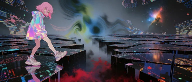 Anime Female, Stepping Over Seperated Ground,looking Into Th...