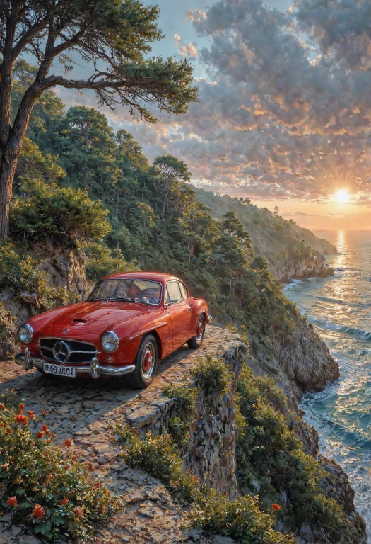 Illustration, Full View Of A Vintage Sports Car On A Cliff,...