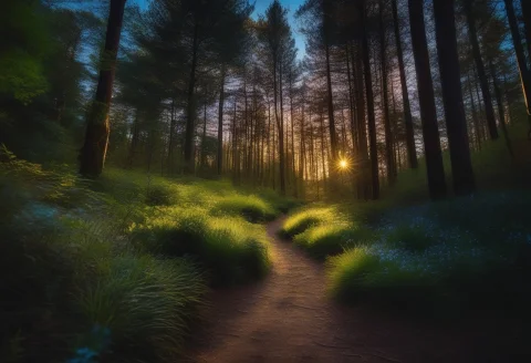 A Forest Trail Dappled With Late Afternoon Light, Iridescent... — SDXL AI Prompt: a forest trail dappled with late afternoon light, iridescent light, under a star...
