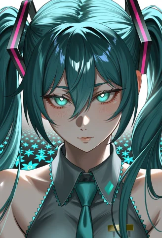 Masterpiece, Best Quality, 1girl, Solo, Hatsune Miku, Twin T... — Stable Diffusion AI Prompt: (masterpiece, best quality), 1girl, solo, hatsune miku, twin tails, teal hair, l...