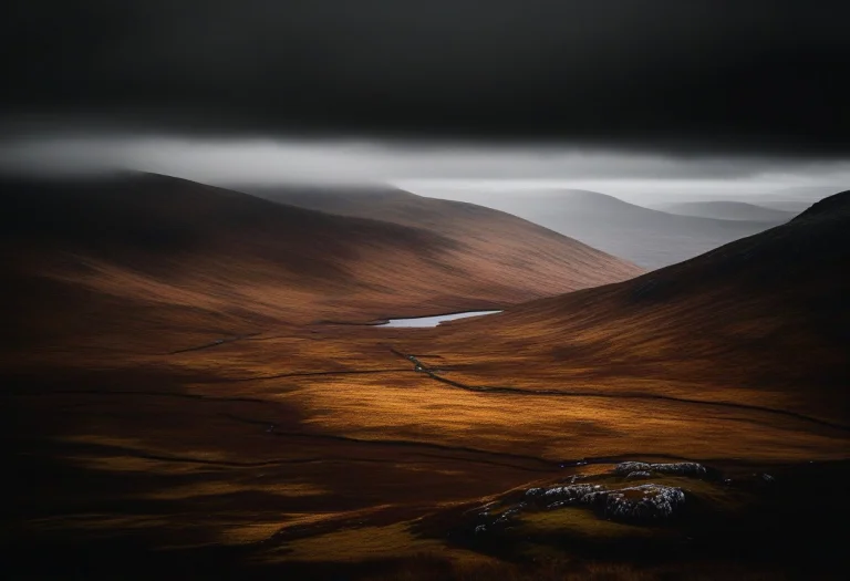 A Highland Moor Under Heavy Grey Clouds, High Angle Shot, Ru...