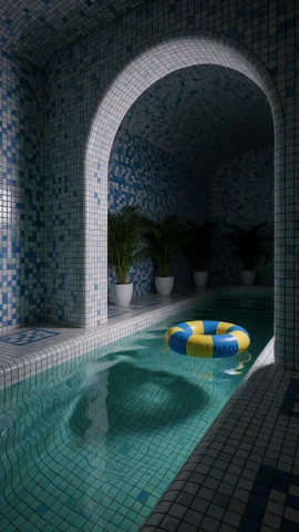 Dcl1m1nal. Poolrooms Style, Medium-long Eye-level Shot Of An... — Stable Diffusion AI Prompt: DCL1M1NAL. Poolrooms style, Medium-long eye-level shot of an indoor tiled swimmi...