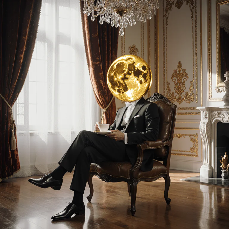 A Surreal, Whimsical Scene Featuring A Man In A Sharp, Class...