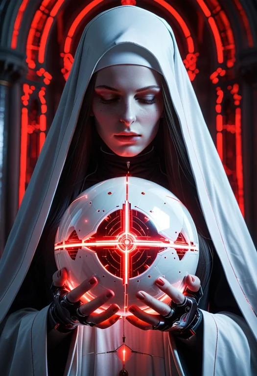 8k, Raw Digital Photo, A Solemn Cyborg Nun Holding A Giganti...