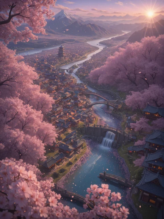 Digital Painting, Japanese Landscape, Cherry Blossom Trees,...