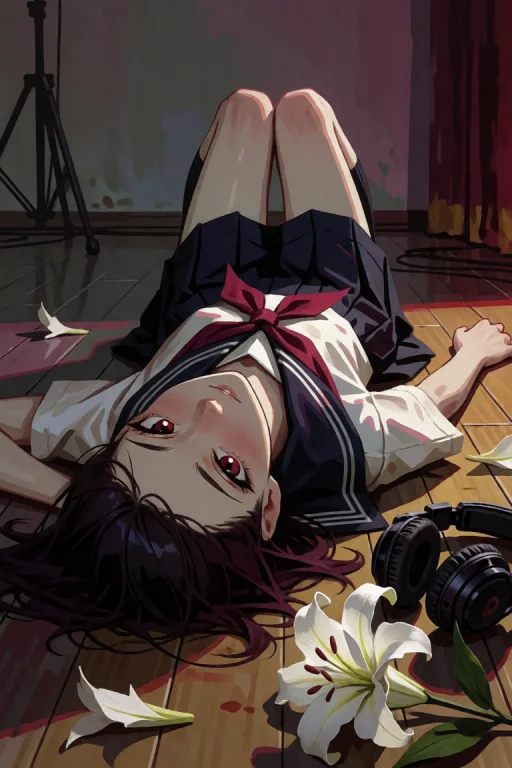A Girl In A School Uniform With A Neckerchief Lying On Her B...