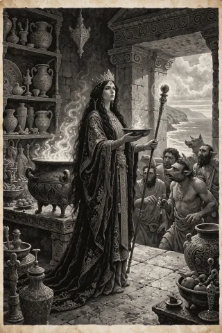 Dark Fantasy Etching Illustration Of The Powerful Witch Circ... — Stable Diffusion AI Prompt: Dark fantasy etching illustration of the powerful witch Circe, extremely fine li...