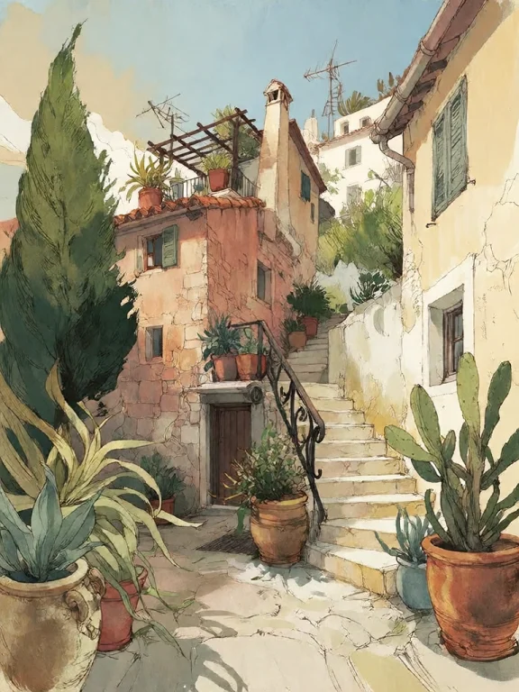 Bradhamel Art Style. A Vibrant, Sunlit Alleyway In A Mediter...