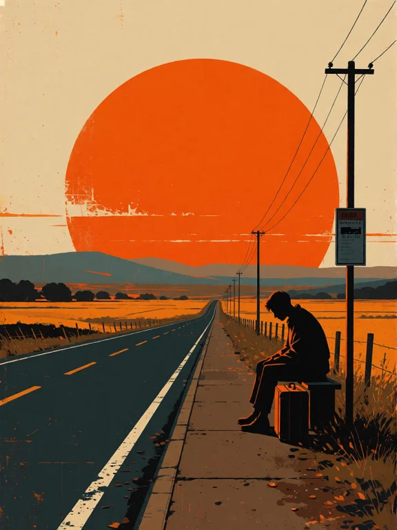 A Tired Man Waiting Alone At A Rural Bus Stop Beneath A Huge...