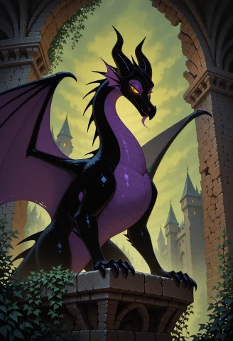 1girl, Solo, No Humans, Maleficent Dragon, Dragon, A Crumbli... — Stable Diffusion AI Prompt: 1girl, solo, no humans, maleficent dragon, dragon, a crumbling castle parapet, f...