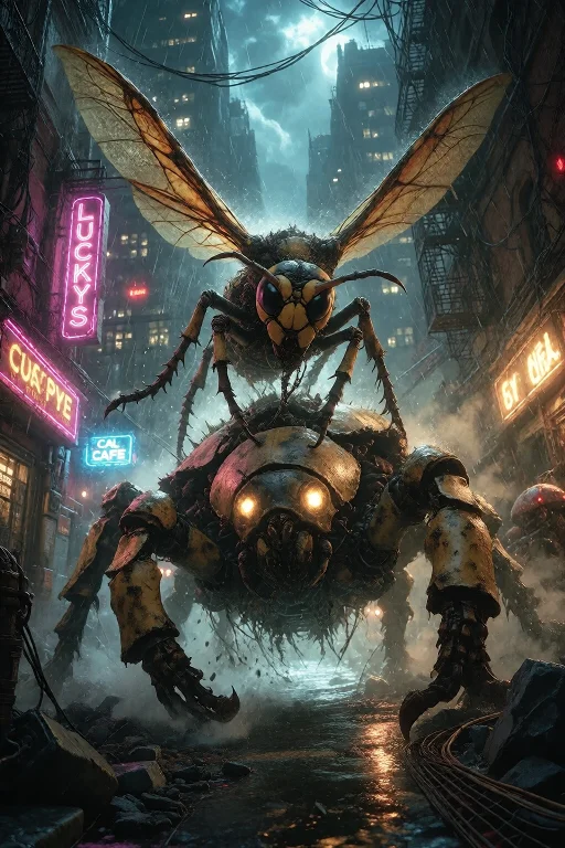 A Biomechanical Hornet Attacking A Gigantic Cybernetic Beetl...