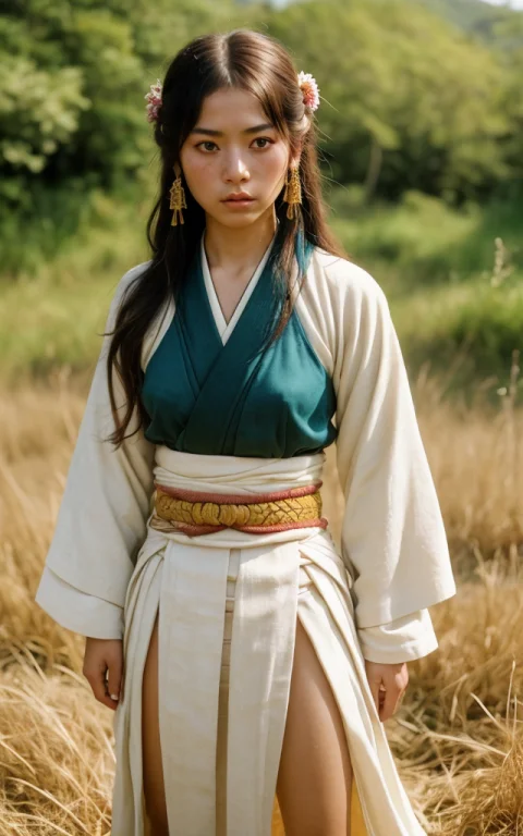 In A Quiet Japanese Flower Field At Golden Hour, Solitary Fe...