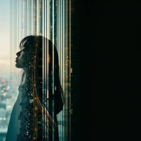 Off-centered Double Exposure Portrait A Young Womans Silhoue... — Stable Diffusion AI Prompt: Off-centered double exposure portrait: a young woman's silhouette drifts to the...