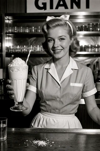 A Vintage Black-and-white Photograph Of A Smiling Waitress S... — Stable Diffusion AI Prompt: A vintage black-and-white photograph of a smiling waitress standing behind a woo...