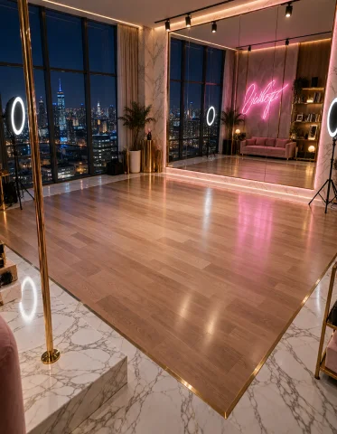 Cr34t0r L0ft, Photorealistic Private Dance Studio, Elevated... — Stable Diffusion AI Prompt: cr34t0r l0ft, photorealistic private dance studio, elevated camera view from a h...
