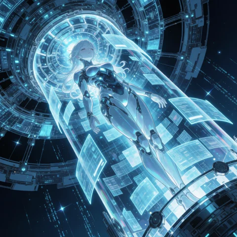 A Majestic, Ethereal Cyber-anime Illustration Of A Synthetic... — Stable Diffusion AI Prompt: A majestic, ethereal cyber-anime illustration of a synthetic humanoid woman susp...
