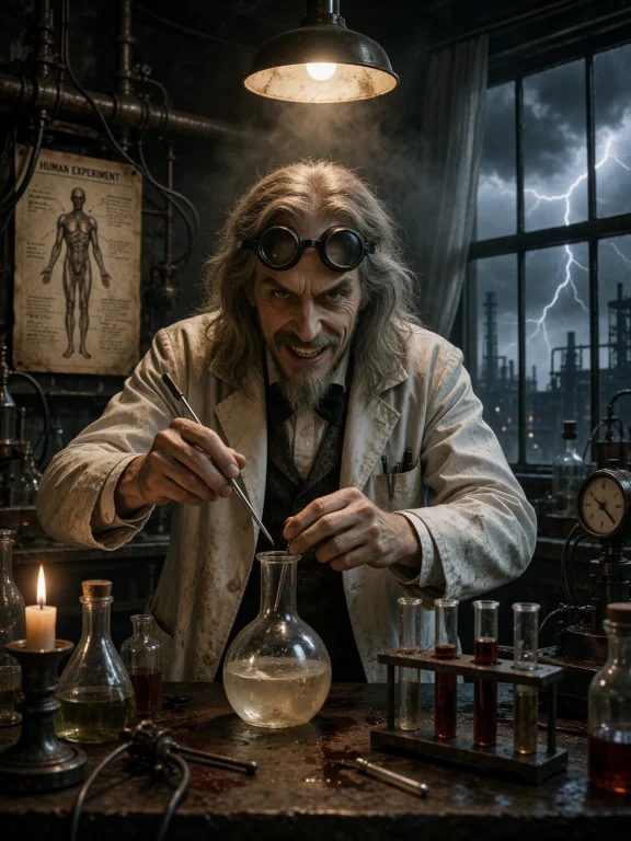 A Dark, Cinematic Horror-fantasy Laboratory Fills The Image...