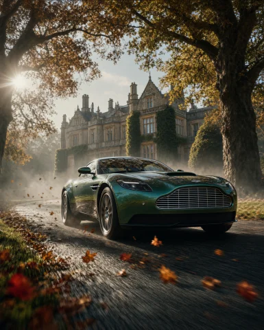 A Cinematic, Photorealistic Action Shot Of A Vintage British... — Stable Diffusion AI Prompt: A cinematic, photorealistic action shot of a vintage British racing green Aston...