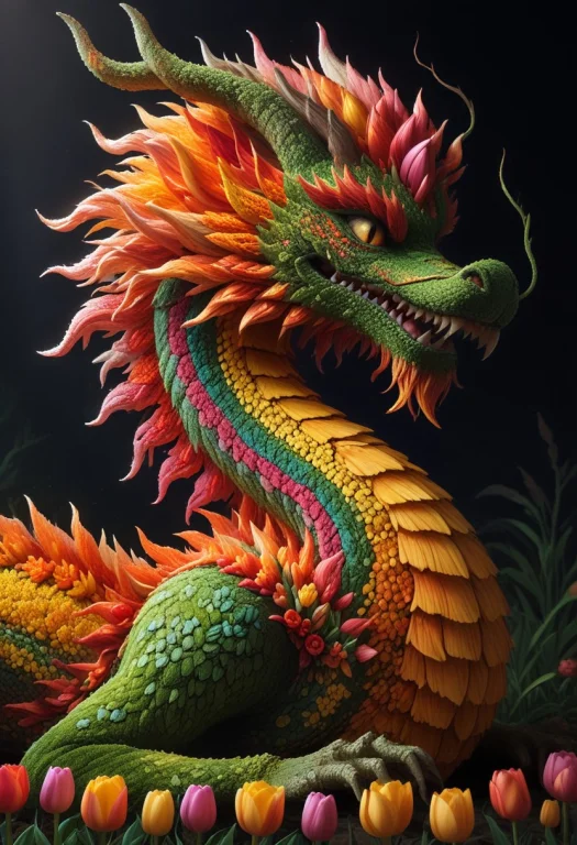 Floral Motifs, Tulip Covered Dragon, Made Of Tulips Forest C...