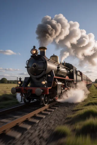Subject Elegant Steam Locomotive In Full Motion, Detailed Br... — Stable Diffusion AI Prompt: [Subject] Elegant steam locomotive in full motion, detailed brass and iron textu...