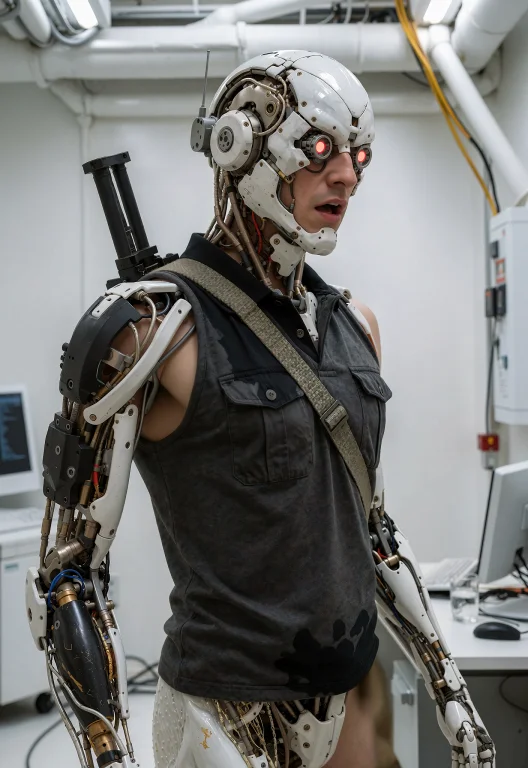 This Is A Depicting A Futuristic, Humanoid Robot Standing In...