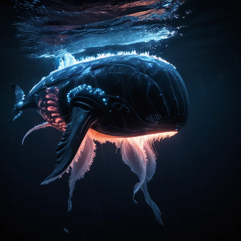 A Massive Whale, Animal Made Of Whiteember Tech, Illuminated...