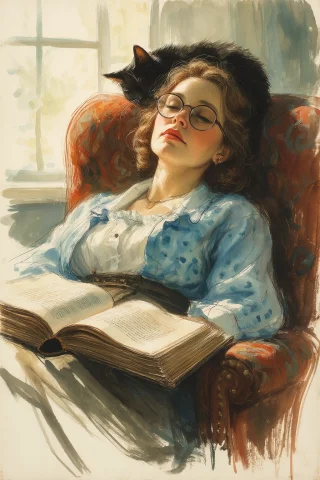 In The Style Of Vladimir Zarubin, A Woman Asleep In An Armch... — Stable Diffusion AI Prompt: In the style of Vladimir Zarubin, a woman asleep in an armchair with an open boo...