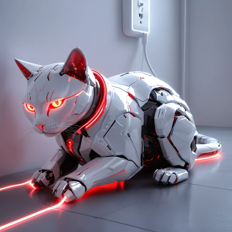 A Sleepy Robot Cat Made Of Glossy White Tech Curled On A Sle...