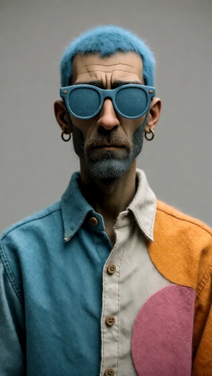 A Man With A Blue Buzz Cut And Light Blue Sunglasses, A Whit...